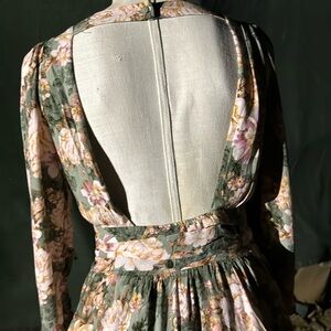 Floral Green and Pink Open Back Long Sleeve Dress S Forever 21